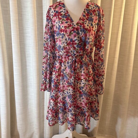 Kirundo Womens Dress Small Pink Floral Faux Wrap Ruffle Tiered Long Sleeve Flowy - Picture 2 of 13